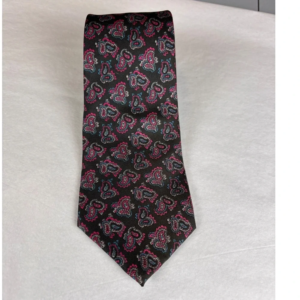 Oscar de la Renta Couture Mens Paisley Silk Tie Black Pink Blue Geometric Design